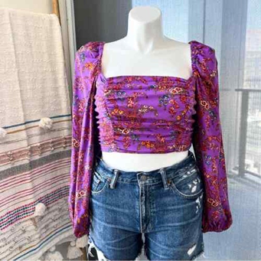 Urban outfitters purple floral crop shirt
